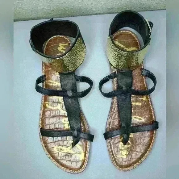 SAM EDELMAN Genette Gladiator Sandal Shoes Size 8.5 black/gold/brown - Picture 2 of 11